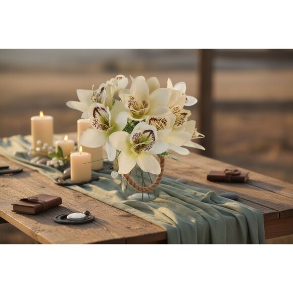 White Orchid Artificial Flowers with Greenery 6 Stem Bundle Faux Silk Wedding Fl - Picture 2 of 16